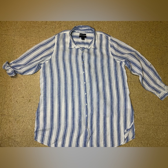 Tahari Womens Linen Blue White Stripe Button Shirt Tunic Coverup Sleeves 2X - Picture 1 of 5